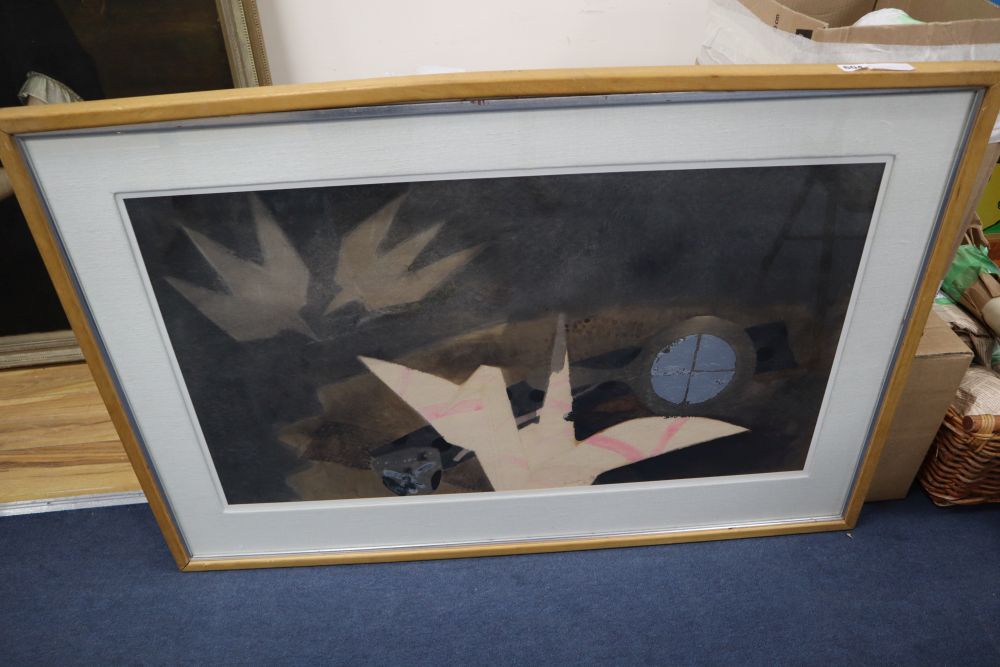 William Littlejohn, watercolour and collage, Origami Bird and Mirror, signed and dated 84, 50 x 89cm, Artist label verso